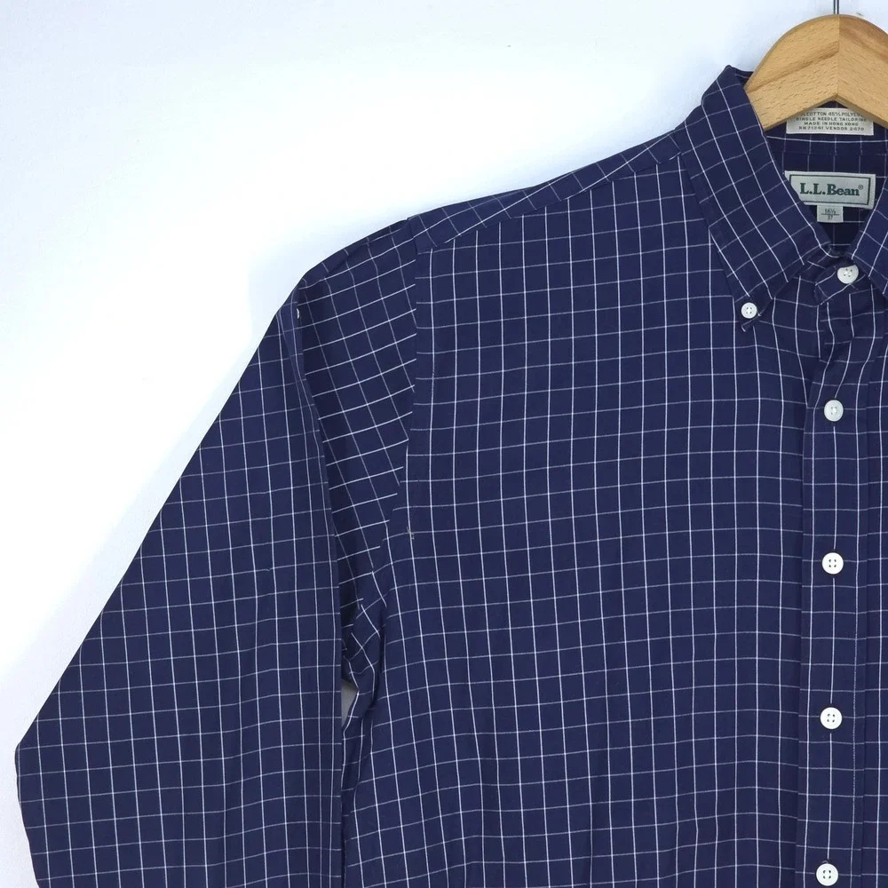 LL Bean Button Down Shirt Mens Large Navy Blue Check Long Sleeve Office Business - Picture 8 of 15